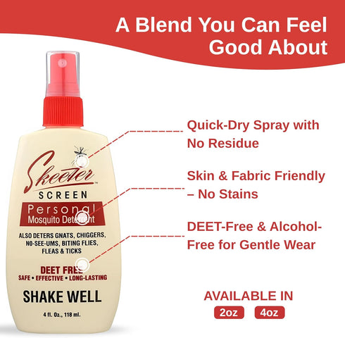 Skeeter Screen 90200 Mosquito Deterrent Spray – DEET-Free Essential Oil Blend – 4 Fl Oz Pump
