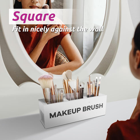 Suli Large White Makeup Brush Holder Organizer, Wooden Cosmetic Brushes Storage with 3 Slots