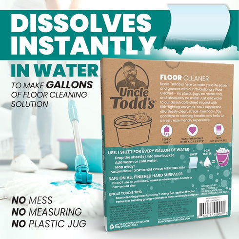 Uncle Todd's Ultra Concentrated Floor Cleaner, 30 Dissolvable Sheets, Plastic-Free Packaging, Just Drop & Mop