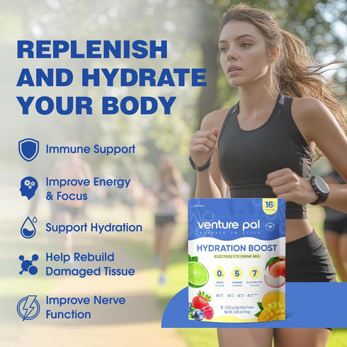 Venture Pal Sugar Free Electrolyte Powder Packets - Liquid Daily IV Hydration Packets with 5 Vitamins & 7 Electrolytes