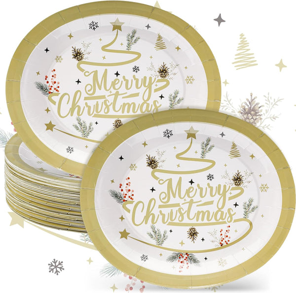 Suttmin 50 Pcs Merry Christmas Oval Paper Plates Happy Holiday Disposable Paper Plates