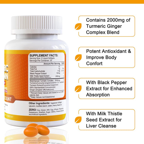 5 in 1 Turmeric Curcumin Softgels 2000mg with Milk Thistle, Black Pepper, Ginger Root - Joint, Immune Support