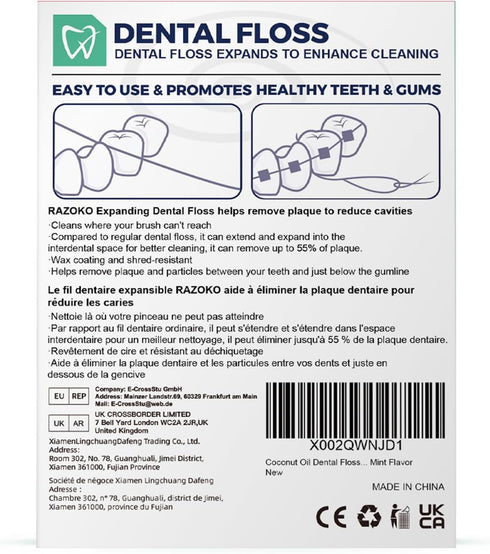 RAZOKO Expanding Coconut Oil Dental Floss, Mint Flavor, Suitable for Wide Spaces (55 Yards, 4 Count)