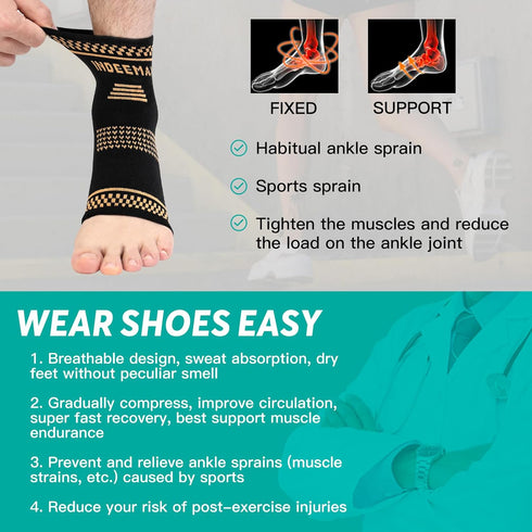 Ankle Brace for Men and Women, Copper Infused Compression Sleeve for Sprained Ankle, Plantar Fasciitis, Foot Pain Relief