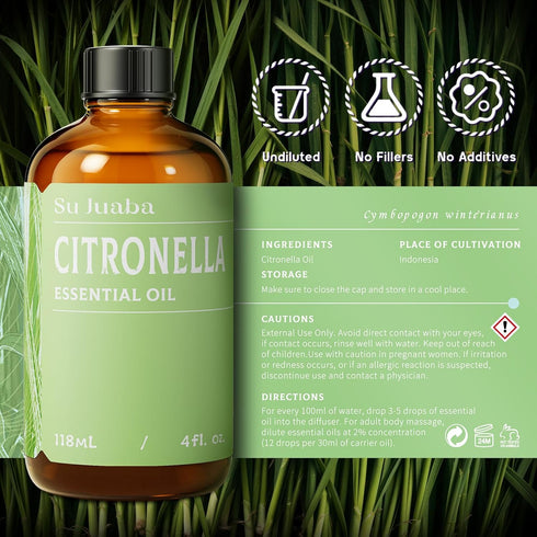 SU JUABA 4 Oz, 100% 118ML Citronella Oil Fl Pure Natural Aromatherapy Oil for Diffuser, Massage, Hair & Skin Care