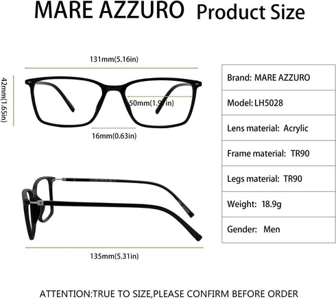 MARE AZZURO Reading Glasses - Stylish Readers for Men, 0 to 6.0 in Black
