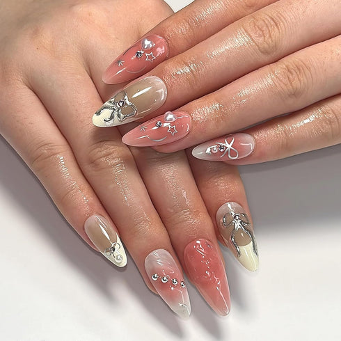 Press on Nails Medium Almond SWEKKE, Full Cover Fake Nails with 3D Bow Designs, 24Pcs Cute Acrylic Nails