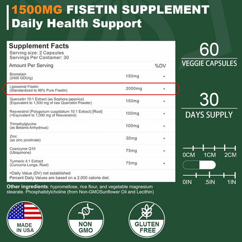 Liposomal Fisetin Supplement 2000MG, 98% Pure Fisetin Polyphenols with Quercetin, TMG, Resveratrol, 180 Capsules