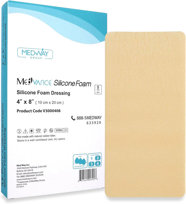 MedVance TM Silicone Adhesive Foam Dressing, Absorbent, 4"x8", Box of 5