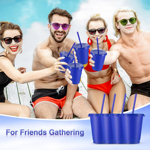 Rtteri 15 Pcs Reusable Kids Cups with Straws and Lids, 16 oz Glitter Tumblers for Parties, Navy Blue