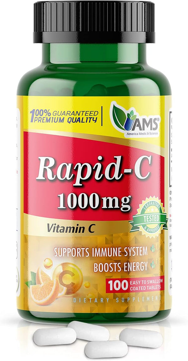America Medic & Science Rapid-C, 1000mg Vitamin C Supplement, 1 Pack of 100 Tablets, Energy Booster, Daily Immune