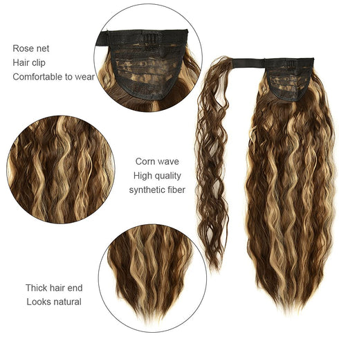 YEAME Corn Wave Ponytail Extension Clip in - 22 Inch Long Wavy Curly Wrap Around Pony Tail Heat Resistant Synthetic