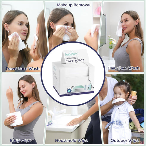 Disposable Face Towel, 100% Cotton, Extra Large 12" x 10" Soft Dry Wipe for Makeup Remover, Biodegradable, 80 Count (1