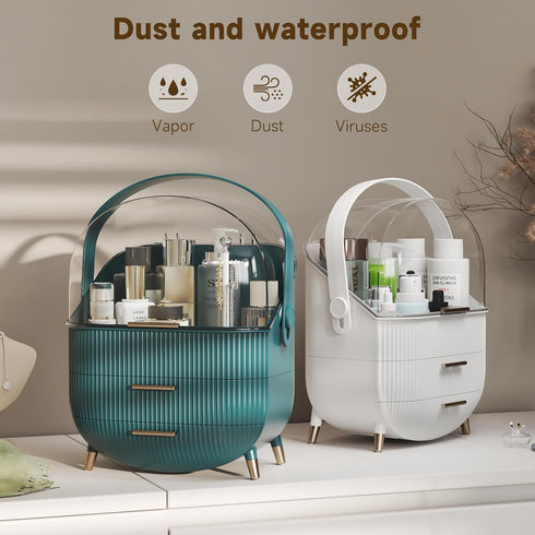 Makeup Storage Organizer with Lid, Waterproof Cosmetics Skincare Organizer for Vanity, Portable Makeup Box (White)