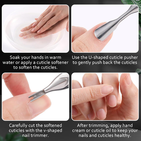 Stainless Steel Cuticle Pusher with Fork - Dual Head Cutter Trimmer Remover, 2-in-1 Anti-slip Nail Care Tool