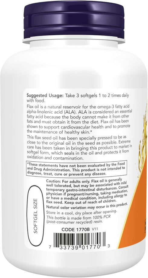NOW Supplements Flax Oil, 1,000 mg, Organic Flax Oil, Cardiovascular Support*, 100 Softgels