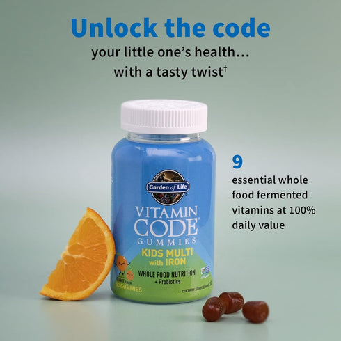 Garden of Life Kids Multivitamin Gummy with Iron+Probiotics, 30 Day Supply, Vitamins D, C, E, B, Zinc