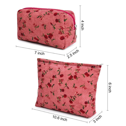 2 Pieces Red Rose Makeup Bag Large Cosmetic Bag Capacity Canvas Travel Toiletry Bag Organizer Cute Makeup Brushes Aesthetic Accessories Storage Bag for Women