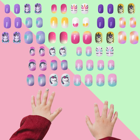 SIUSIO 120 Pcs 5 Pack Children Acrylic Fake Nails Press on Pre-glue Full Cover Glitter Gradient Color Rainbow Kits