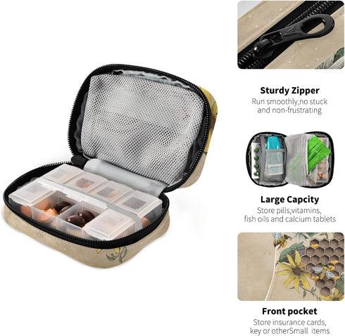 Naanle 7 Vintage Sunflower Bee Pill Box Day Pill Case Travel Pill Organizer Bag with Zipper Portable Weekly Case