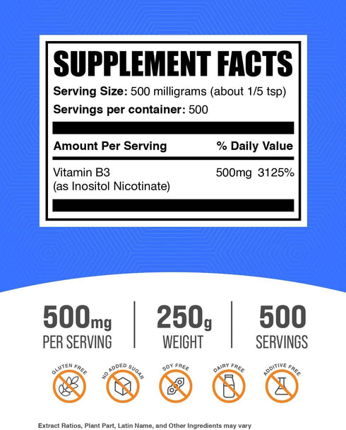 BulkSupplements.com Flush Free Niacin Powder - Inositol Hexanicotinate, Vitamin B3 Supplement, 500mg Flush Free -
