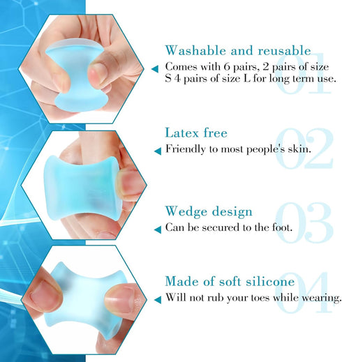12Pcs Gel Toe Separators, Soft Toe Spacers for Pain Relief, Corrector for Overlapping Toes, White (8L+4S) (Blue)