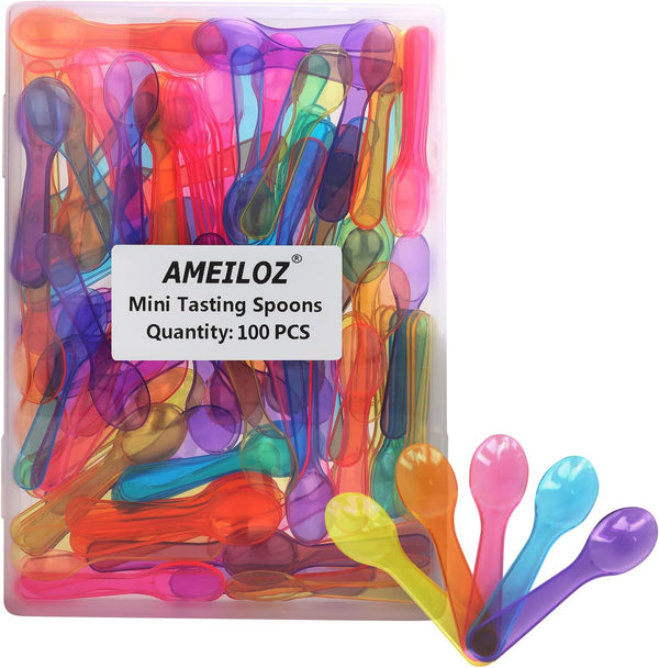 3" Colored Mini Taster Spoons, Extra Small Plastic Tasting Spoon for Yogurt Pudding Jello Shots (100 PCS)