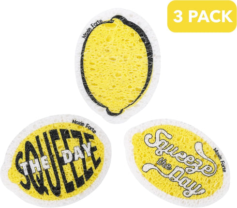 3Pack Lemon Dish Sponges, Fun Fruit Design, Natural & Biodegradable, Odor Resistant & Non-Scratch