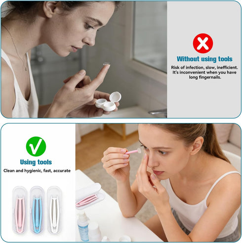 IOGOG 3Pcs Set soft Contact Lens Remover Tool Silicone Suction Stick, Soft-Tip Contact Tweezers & box, contact remover