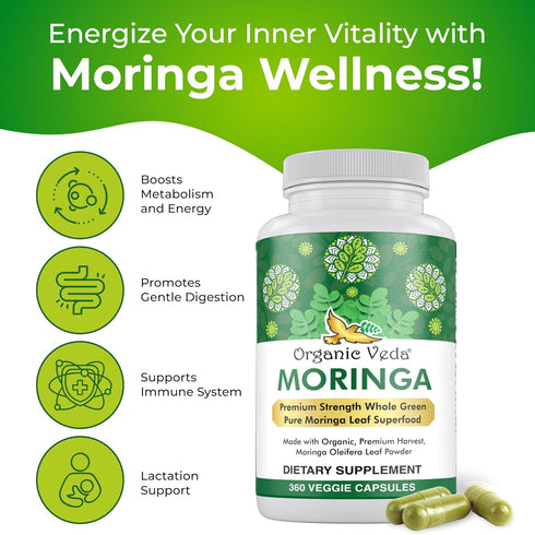 Organic Veda Moringa Leaf Powder Capsules, 1000mg, 360 Count - Pure Natural Moringa Oleifera Dietary Supplement -
