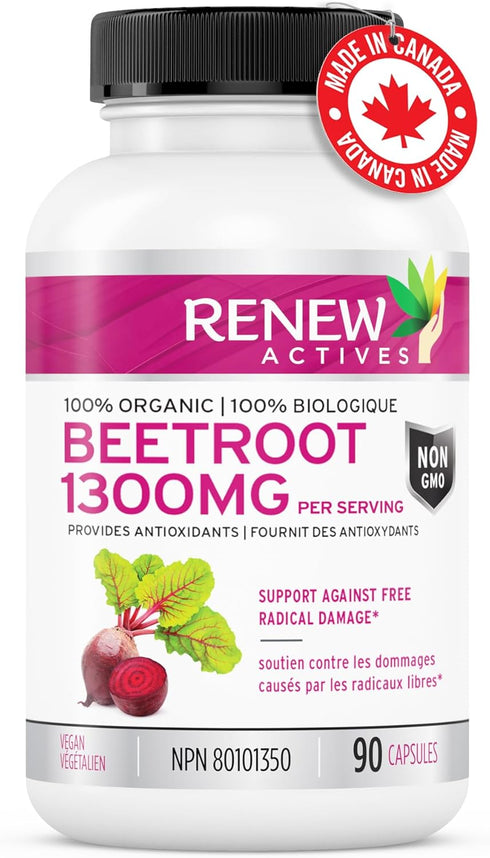 Renew Actives Organic Beetroot Supplement: 1300mg Extract for High Antioxidant Levels - Promotes Wellness - 90 Veggie Capsules