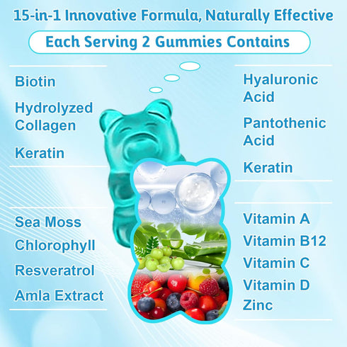 Hair Skin Nail Vitamins Gummies Supplement, 15000mcg Biotin Gummies with Collagen Sea Moss Chlorophyll Vitamin C Zinc for Women Men Muscle Joint & Immunity -Sugar Free Blueberry Flavor, 60 Ct