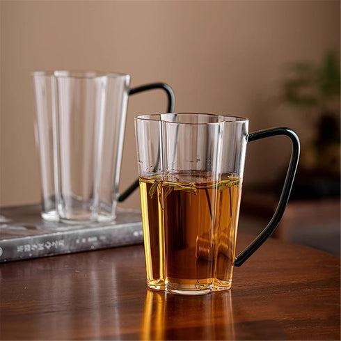XJOYSL7921 Glass Cups Four-leaf Clover Shaped Drinking Glass with Handle, Clear Borosilicate Mugs for Milk, Coffee, Hot