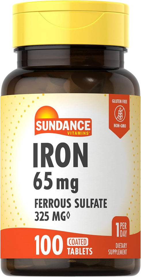 Iron Ferrous Sulfate 65mg | 100 Caplets | Vegetarian, Non-GMO, Gluten Free Supplement by Sundance