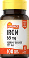 Iron Ferrous Sulfate 65mg | 100 Caplets | Vegetarian, Non-GMO, Gluten Free Supplement by Sundance