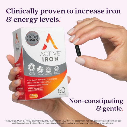 Active Iron Supplement, 25mg (60 Capsules) Non-Constipating, Gentle for Women & Men, Clinically Proven