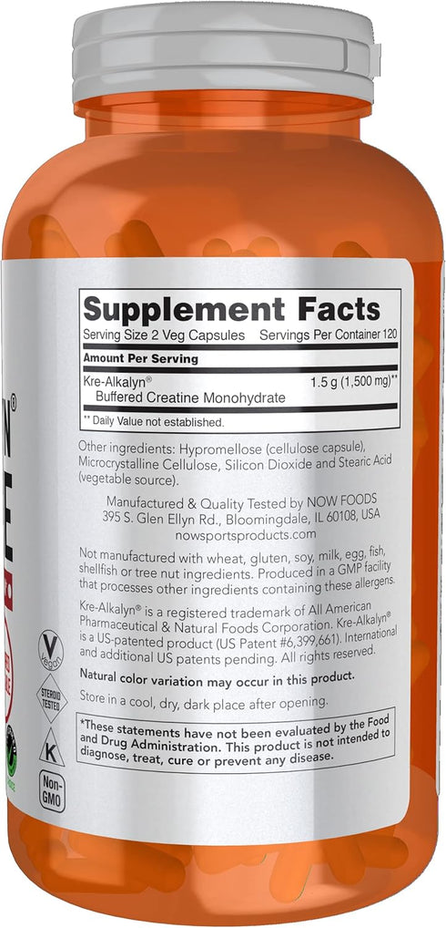 NOW Sports Nutrition, Kre-Alkalyn Creatine 750 mg, Mass Building*/Energy Production*, 240 Veg Capsules