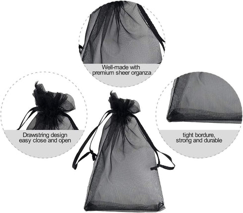 50 Pcs 5x7 Gifts Wrap Bags, Black Organza Sheer Fabric Drawstring Mesh Bags for Baby Shower, Anniversary