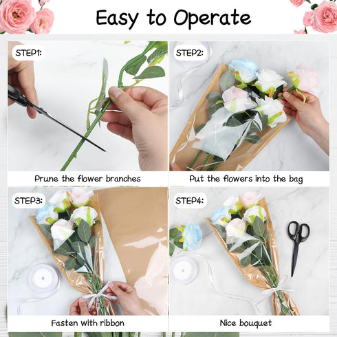 STEFORD 50Pcs 9.8x17.9 Inch Flower Bags for Bouquets Kraft Floral Sleeves Wrapping Paper with Ribbons for Mother's Day