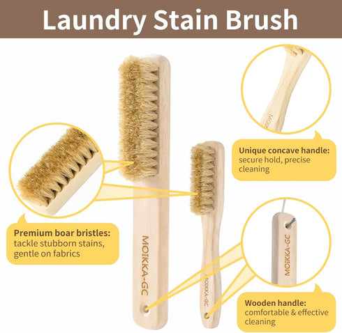 MOIKKA-GC Set Wood Laundry Stain Brush (Large + Small) with Boar Bristles Tough Stain Remover for Delicates, Cotton