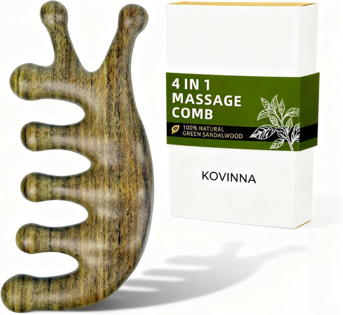 KOVINNA Green Sandalwood 4-in-1 Massage Comb & Gua Sha Tool for Scalp, Face