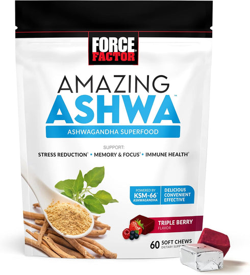 Force Factor Amazing Ashwa Ashwagandha Supplement with KSM-66 for Stress Relief, Memory, Focus, Immune Support - 60