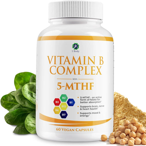 1 Body Vitamin B Complex, High Potency Methylated B12 & 5-MTHF Folate for Energy & Brain Support, 60 Capsules
