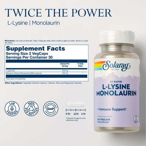 SOLARAY L-Lysine Monolaurin Immune Support Supplement, 1:1 Ratio for Immune System Function, Skin and Gut Health Support, 500 mg Each, 60-Day Money Back Guarantee, 30 Servings, 60 VegCaps