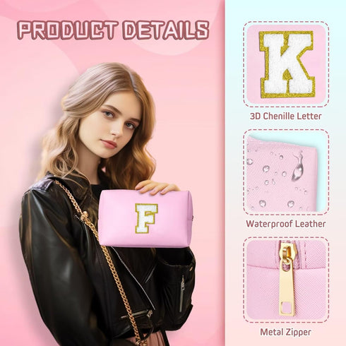 Preppy Patch Makeup Bag, Chenille Letter Pouch Cosmetic Bag, PU Leather Waterproof Toiletry Bag, Personalized Gift for