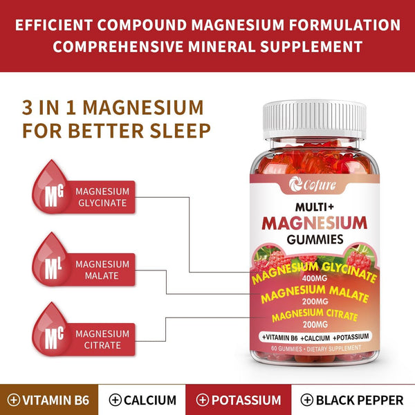 Magnesium Glycinate 400mg, Citrate 200mg, Malate 200mg, Triple Magnesium Complex with Potassium, 120 Gummies