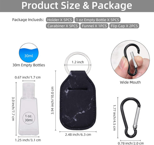 IACA Keychian,5 Pack Set 5pcs Bottles,5pcs Backpack Hand Sanitizer Holder Empty Travel Size Bottle and Hand Sanitizer