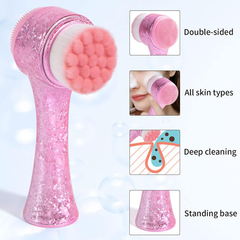Face Brush 2 in 1, Facial Cleansing Exfoliating Brush with Ultra Fine Soft Bristles for Pore Deep Cleansing Silicone Double Side Face Wash Scrub Brush for Skin Care, Ice Flower Pink