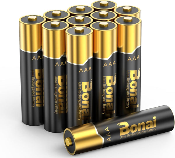 BONAI Gold Top Rechargeable AAA Batteries, 12 Count, High Capacity 1100mAh NiMH, Low Self-Discharge