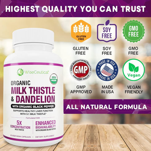 Max Absorption USDA Organic Milk Thistle 5:1 Concentrated Extract 2000mg & Organic Dandelion Root, 60 Count